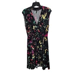 BCBGMaxAzria Sleeveless V-Neck Stretch Colorful Floral Faux Wrap Dress Sz Medium